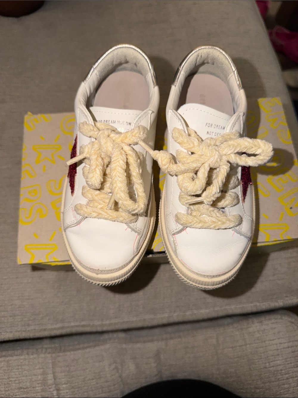 Golden Goose Kids White Sneakers with Cream Rope Laces and Red Star
